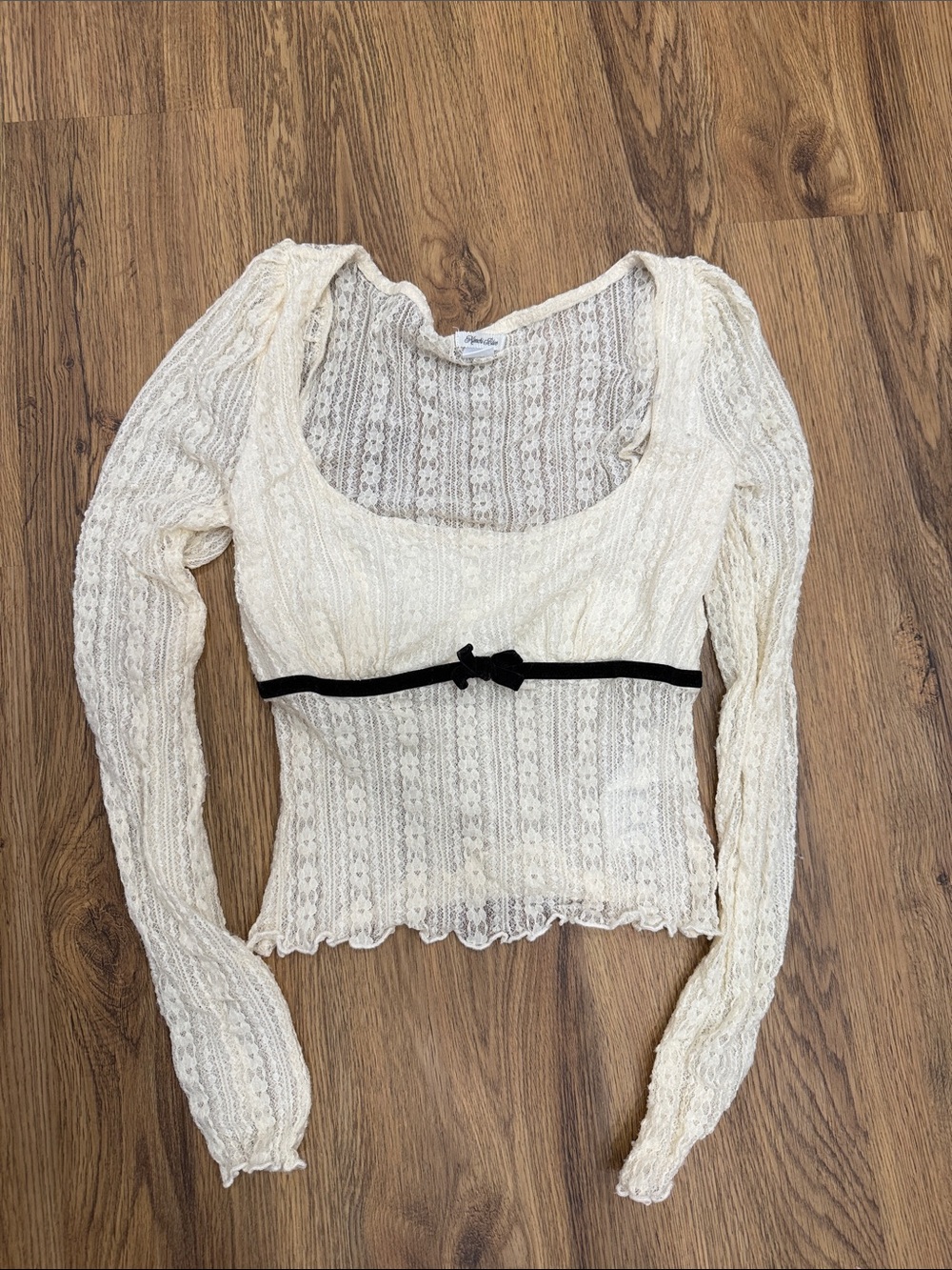 Kimchi Blue Cream Lace Long Sleeve Top with Black Waist Tie